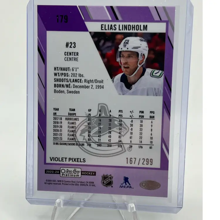 Elias Lindholm 2023-2024 O-Pee-Chee Platinum Violet Pixels Parallel 167/299 Vancouver Canucks
