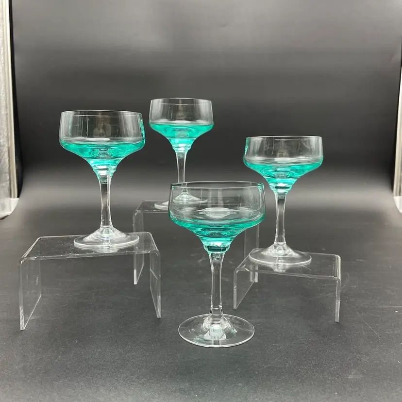 Sasaki Harmoney Aqua 4 Oz Stemmed Liquor Cocktail Glasses Japanese Set of 4 MCM