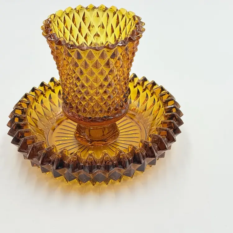Indiana Glass Amber Diamond Point Candle Holder With Votive Tea Light Vintage