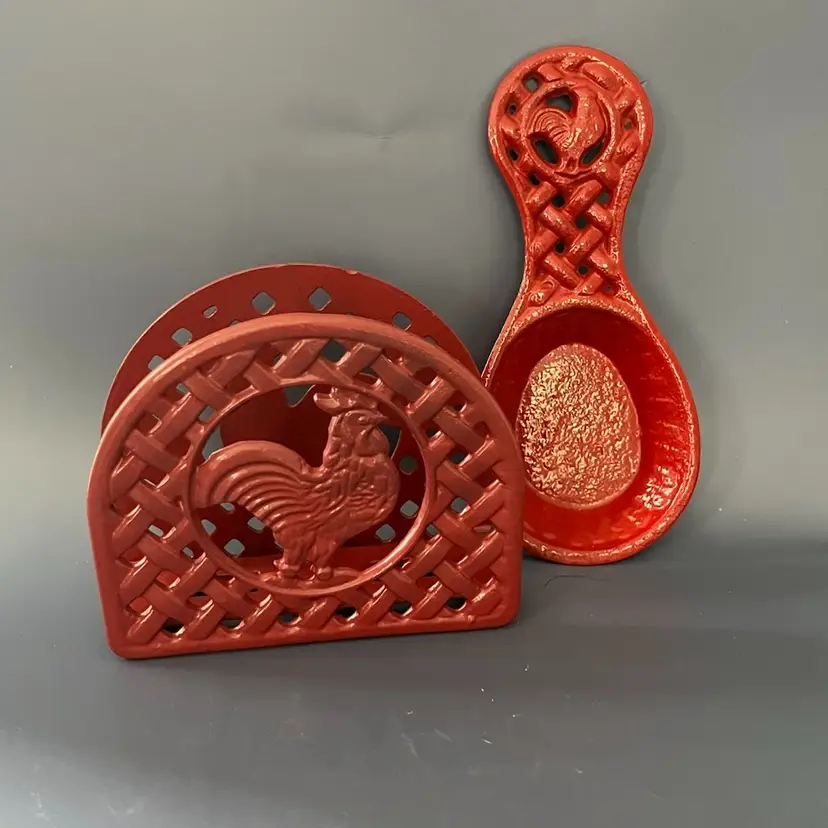 Red Cast Iron Rooster Open Lattice Napkin Holder And Matching Spoon Rest-Farm House Country Décor