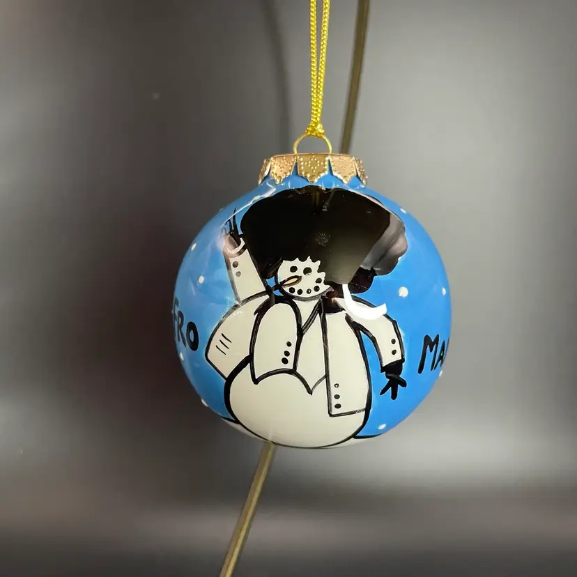 Fro Man Funky Christmas Hand Painted Ceramic Snowman Hanging Ornament Whimsical
