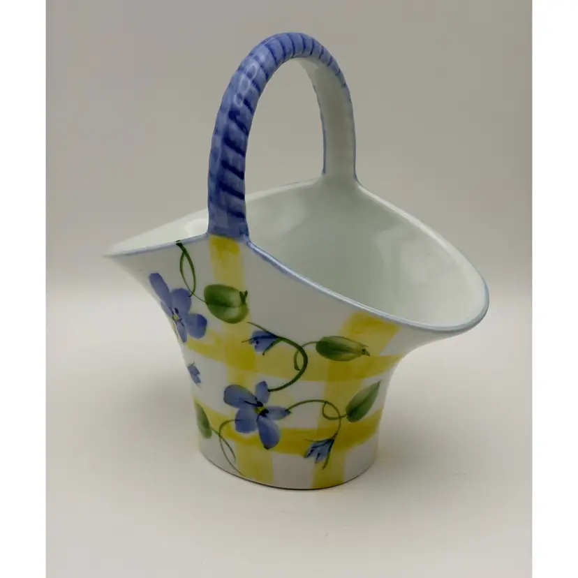 Andrea By Sadek, Ceramic Basket, Blue Violets/Handle, Yellow Plaid on White