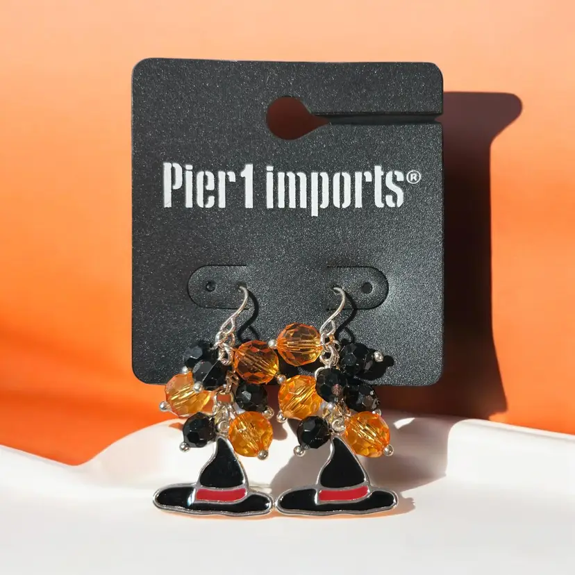Pier 1 Imports Halloween Dangle Earrings Orange & Black Beads W/ Witches Hat New