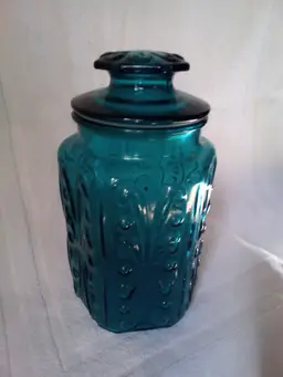 VTG. LE SMITH APOTHECARY ATTERBURY SCROLL TEAL BLUE CANISTER 9"