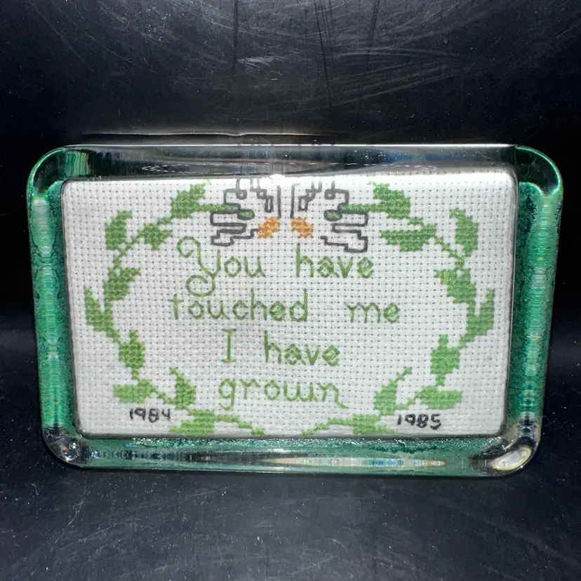 Vintage 1984-1985 Handmade Cross Stitch Inlaid Thick Glass Square Paperweight