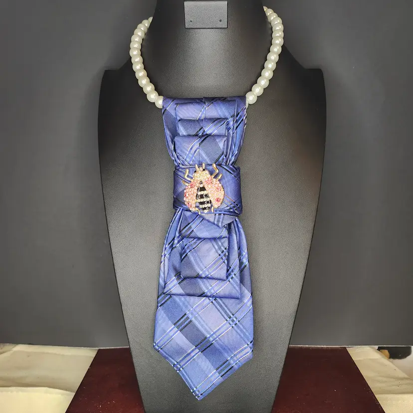 Upcycled Plaid Elegance Pearl Necklace with Brooch