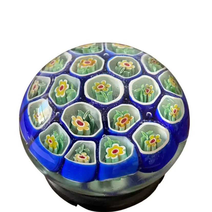 Vintage Murano Glass Millefiori Paperweight Featuring A Suspended Floral Cane Within A Cane 2.25” X 2.5”