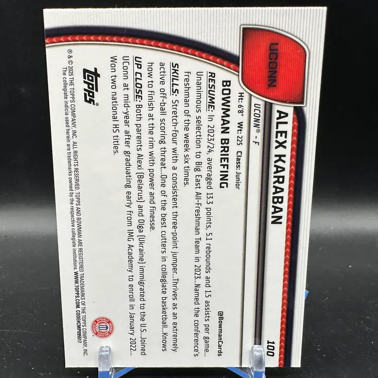 ALEX KARABAN 1ST BOWMAN PURPLE /100 2024-25 BOWMAN UNIVERSITY SAPPHIRE UCONN