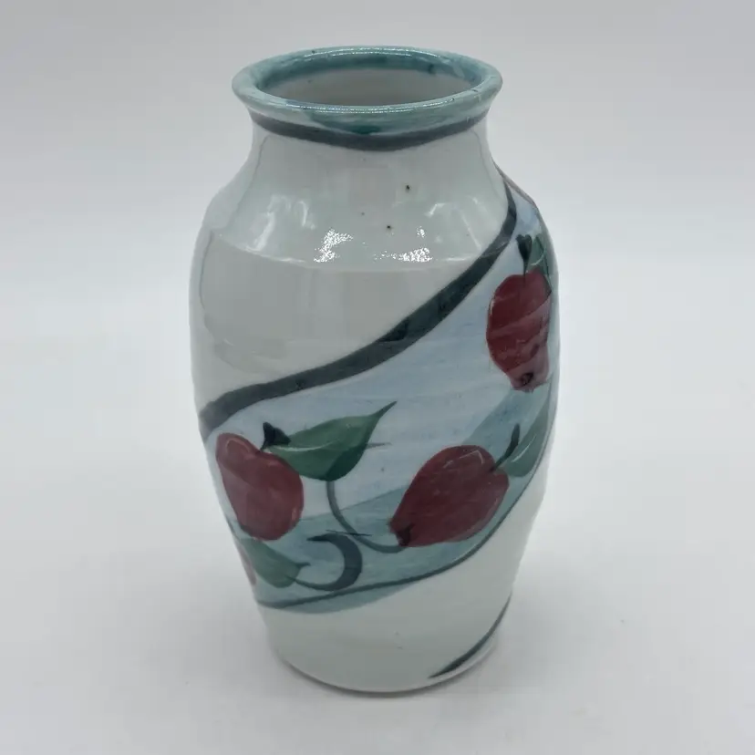 Art Pottery Wheel Thrown Hand Painted Apple Vase Artist Signed