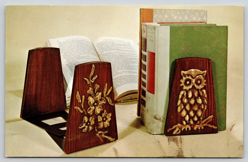 Postcard Ar-Tiques Danish Style Bookends Owls Floral Books Birds