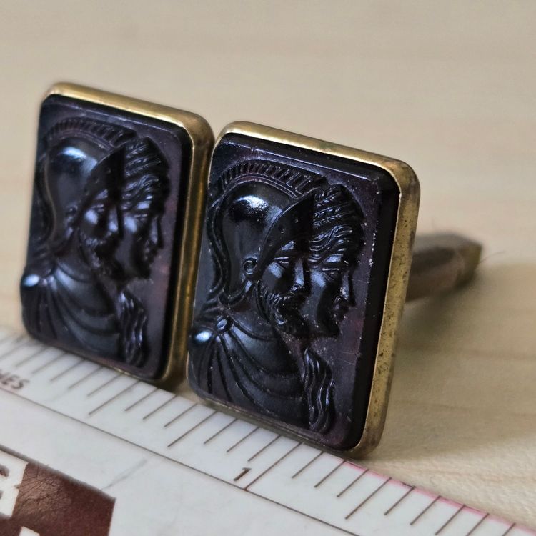 Cuff Links Cameo Faces Relief Male Soldier & Female Dark Glass set in Brass Vintage