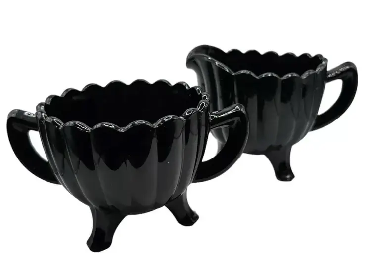 Black Imperial Glass Pillar Flute 3 Footed Sugar Bowl & Creamer Set Vintage