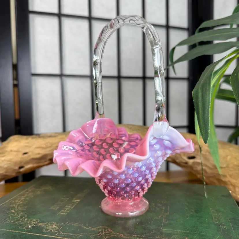 Fenton Glass Cranberry Opalescent Hobnail Glass Basket Pink Ombre