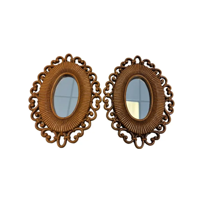 2 Vintage HOMCO Accent Mirrors Faux Wicker 1970's MCM Oval Boho #2615 9.5"