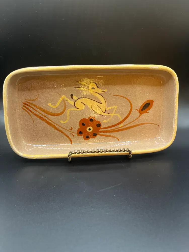 Vintage Tonala Pottery Rectangular Dish Tray Decorative Hand Painted Gazelle Floral Design Folk Art