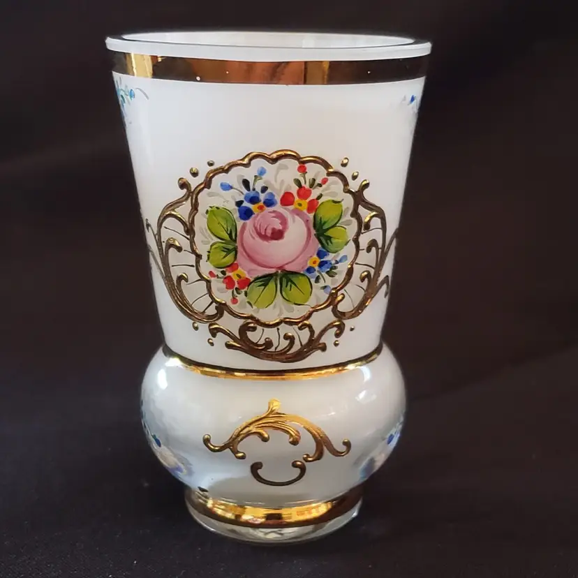 Art Glass Bohemia Gilded Enameled Vase Floral Handmade 3 1/2" tall Vintage