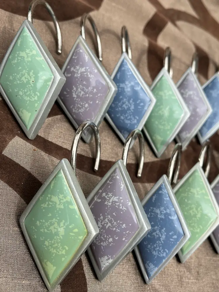 1980s Geometric Shower Curtain Hooks Green Purple & Blue Triangles 