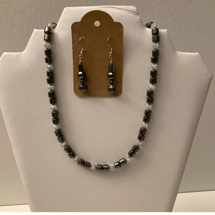 Artisan Hematite And Silver Beaded Neckace With Matching Earrings
