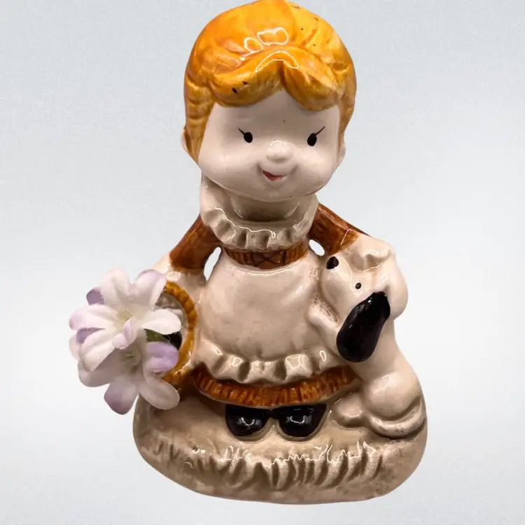 Glazed Ceramic Girl With Puppy Figurine And Fabric Flowers Japan 4.25”