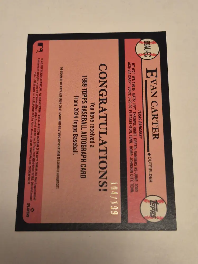 Evan Carter (RC) 2024 Topps 1989 35th Anniversary Black Border Auto /199 #AU-EC Rangers