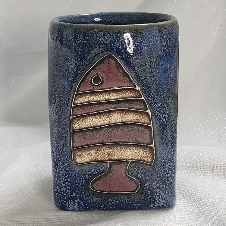 Mara Pottery Coffee Mug Fish Mexico Handmade 13.5 oz Blue