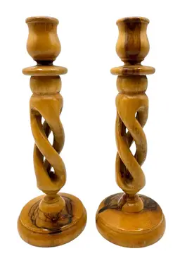 Set of 2 Pair Hand Carved  Bethlehem Olive Wood Taper Candle Holders Spiral 7”
