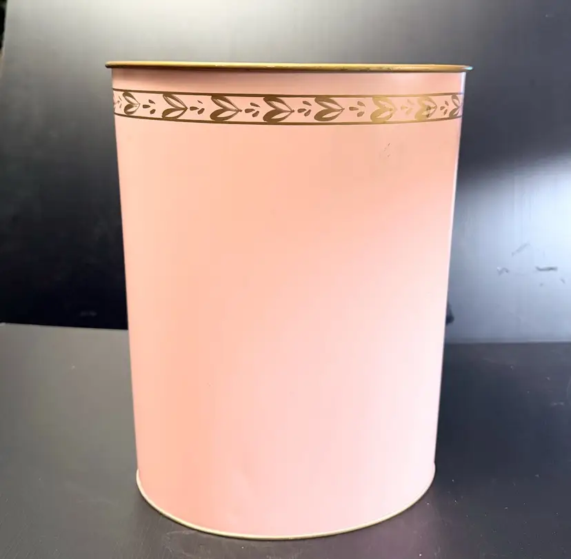 Vintage Ransburg Metal Trash Can Waste Basket Pink & Gold MCM