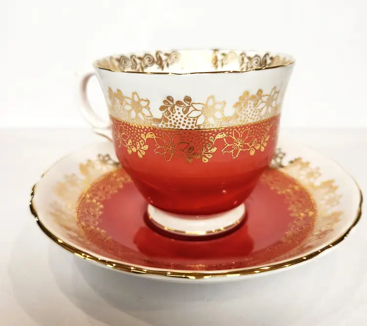 Crown Staffordshire Coral and Gold Flowers Tea Cup and Saucer Fine Bone China Vintage