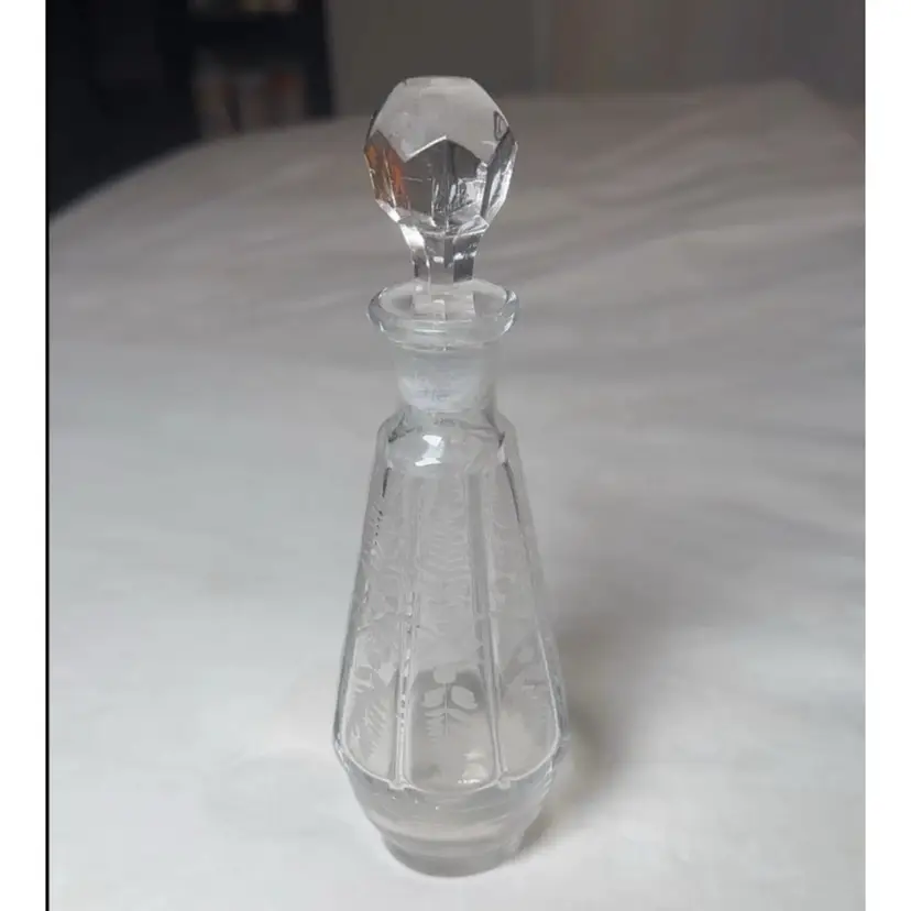 Vintage Etched Crystal 7.5” Tall Perfume Bottle With Stopper