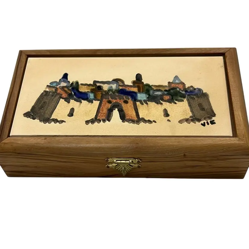 Olive Wood Box Painted Ceramic Top 6.75” x 3.75” x 1.5”