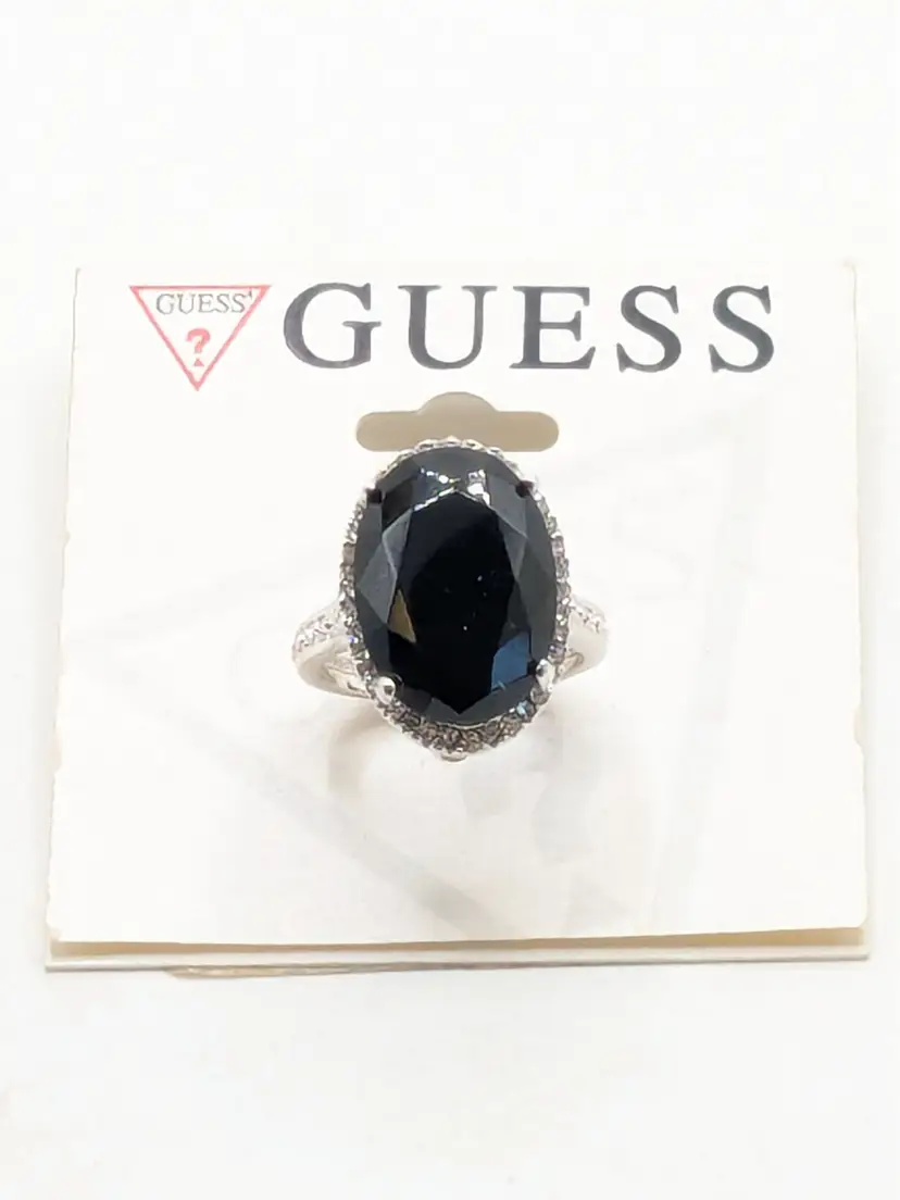 Guess Silver Tone Black Faceted Glass Rhinestone Ring NOS
