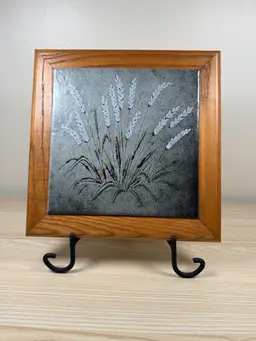 Wheat Motif Pottery Tile/Trivet with Wood Frame and Stand