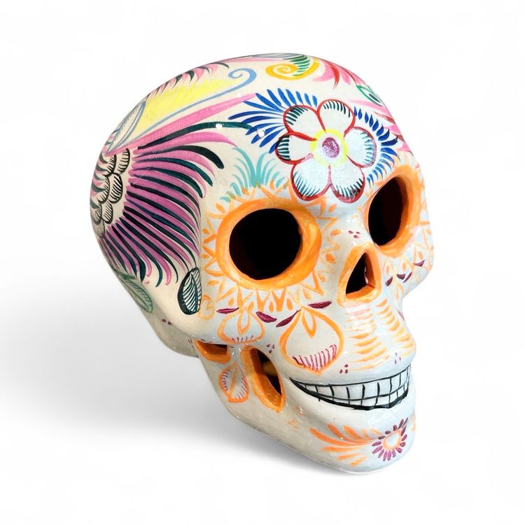 Large Hand Painted Sugar Ceramic Day Of The Dead Skull Figurine