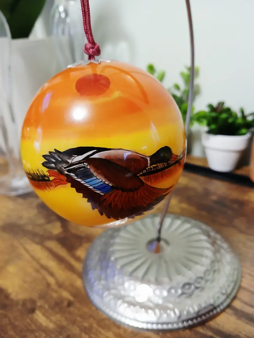 Reverse Hand-Painted Duck Sunset Glass Ornament