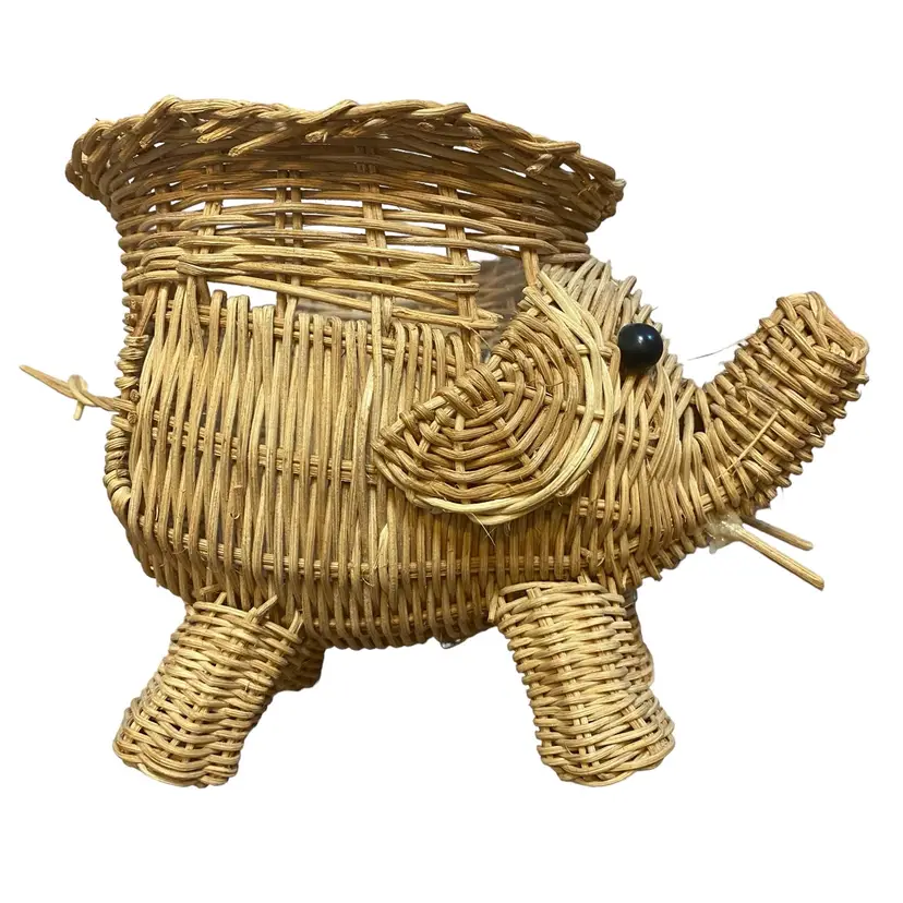 Vintage Wicker Rattan Elephant Planter Basket Tusks Tail Plastic Eyes Boho