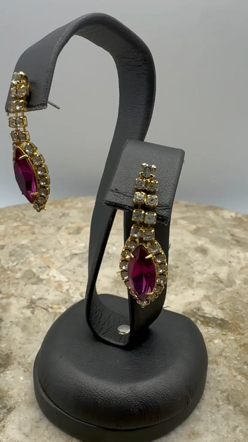Vintage Fuchsia & Clear Pink Marquise Rhinestone Gold-Tone Drop Pierced Earrings