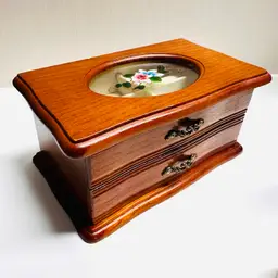 Vintage Wood Jewelry Box Floral Painted Stain Glass Like Rectangular Vanity Chest Storage Organization Hinged