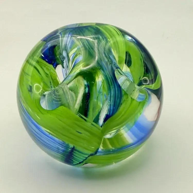 Glass Eye Studio Paperweight Pen Holder Swirl Green And Blue 2 3/4"