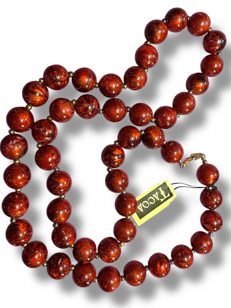 Vintage NOS Tacoa Deep Rusty Red Bead Necklace 36” Spring Ring Closure