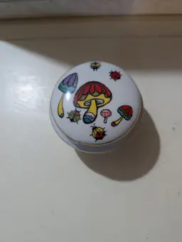 Vintage Porcelain Transfer Design Mushroom and Ladybug Trinket Box