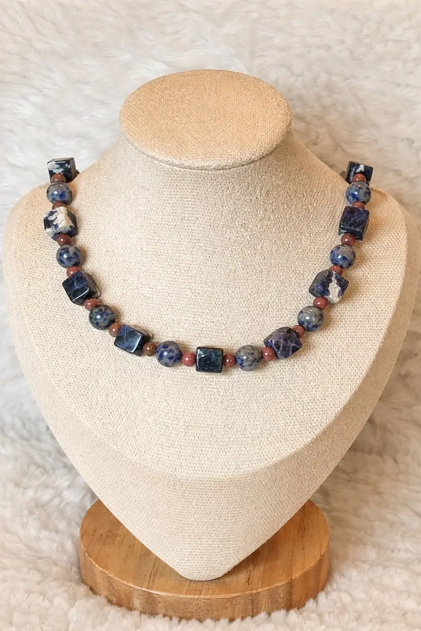 24” Beaded Necklace Sodalite Jasper Cube & Round Beads Boho Statement Jewelry