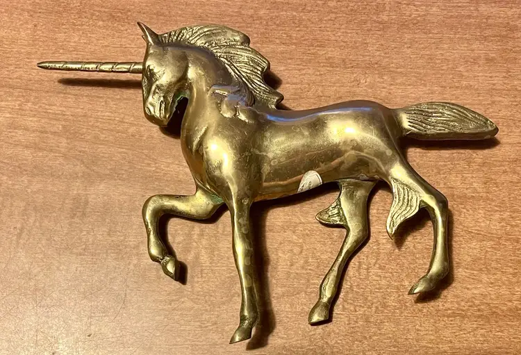 Vintage Solid Brass Unicorn Figurine Fantasy Patina Age Approximately 9” X 9”