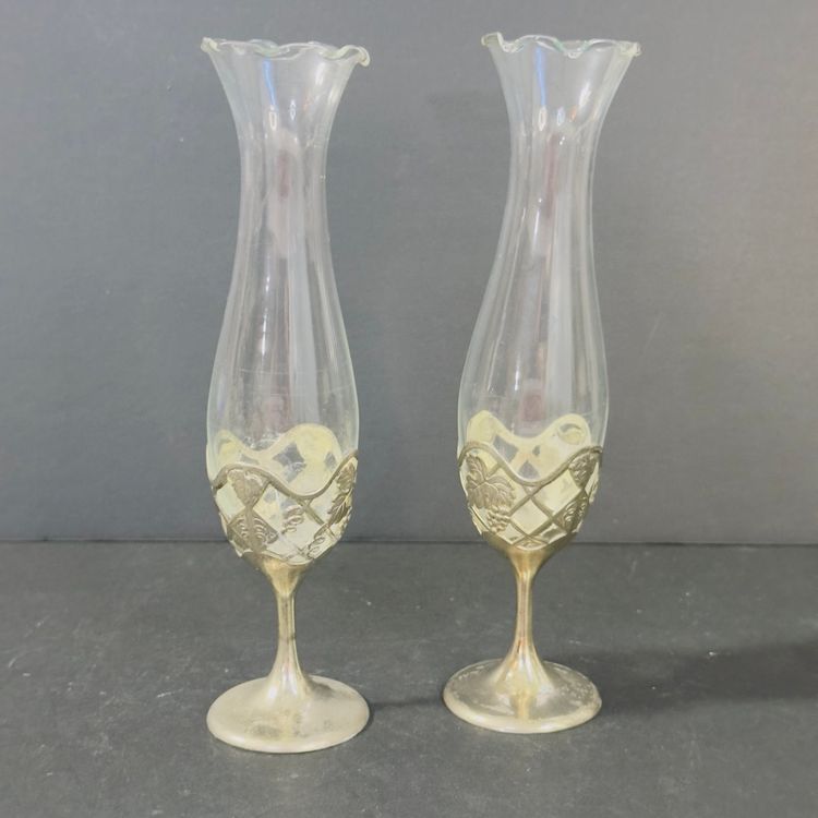 #1269 Vintage Japan Single Bud Vase Silver tone And Glass Vases Set Of 2