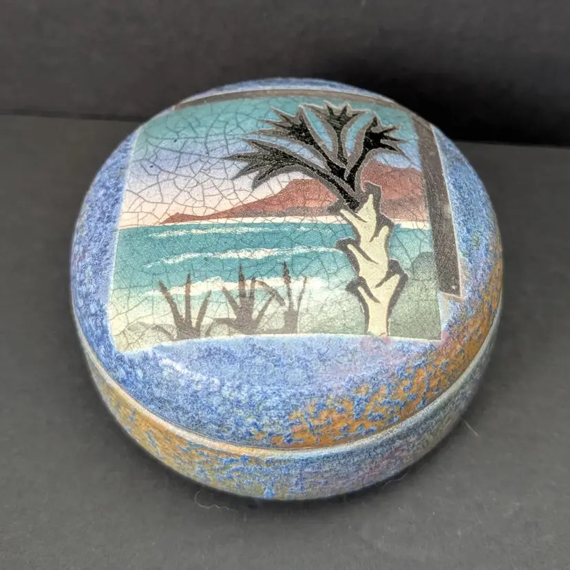 Vintage Ken Jensen Raku Pottery Trinket Box Palm Tree Ocean Design