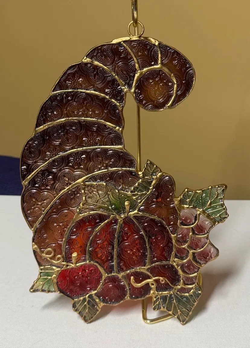 Autumn Cornucopia Suncatcher Textured Acrylic stained glass gold accents 10.5”