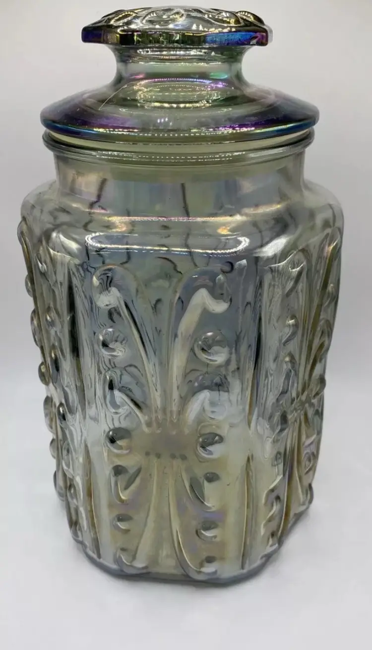 Vintage LE Smith Imperial Atterbury Scroll Canister Jar Iridescent Carnival 9.5”