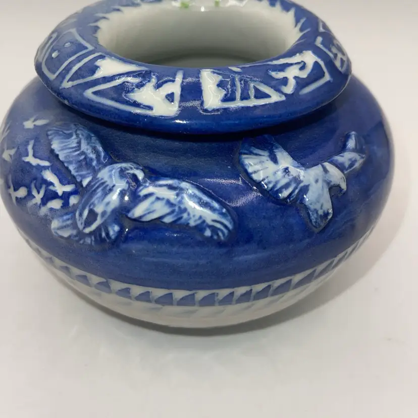 Pottery Vase Blue White Eagles 4.25”” x 5.5”  Signed By Artist Dated 2022