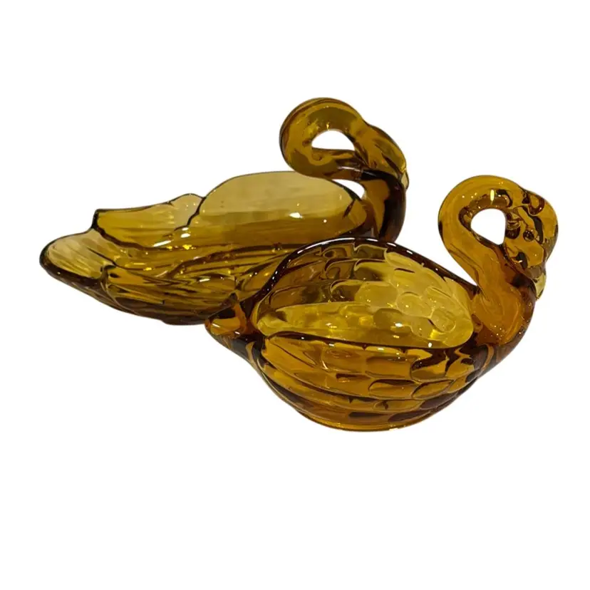 Vintage Amber Glass Swan Bowls - Viking MCM Set of 2