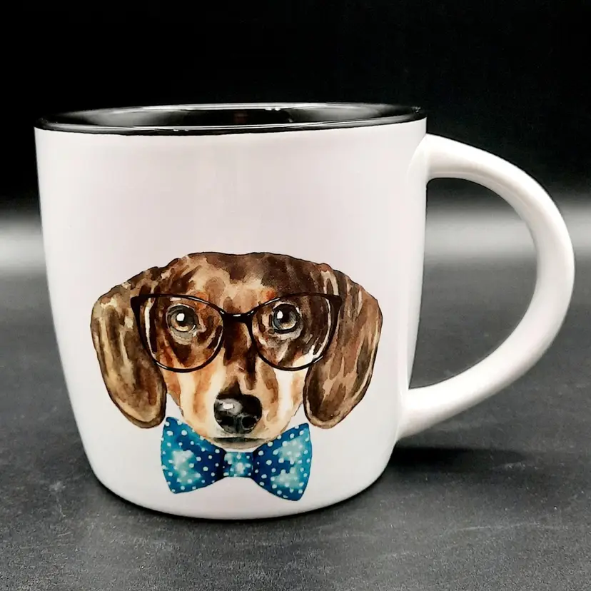 Coffee Mug Brown Dog with Glasses & Blue Polka Dot Bowtie