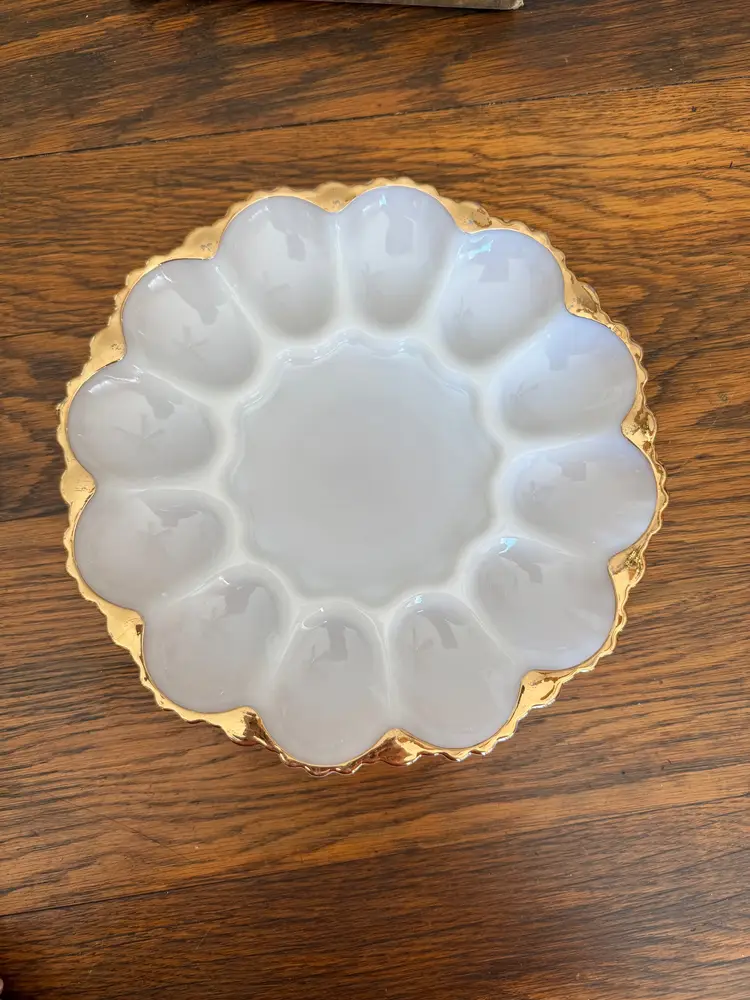 Vintage Milk Glass Deviled Egg Platter with Scalloped Gold Trim – 12-Well Egg Plate, 10” – Mid-Century Serveware
